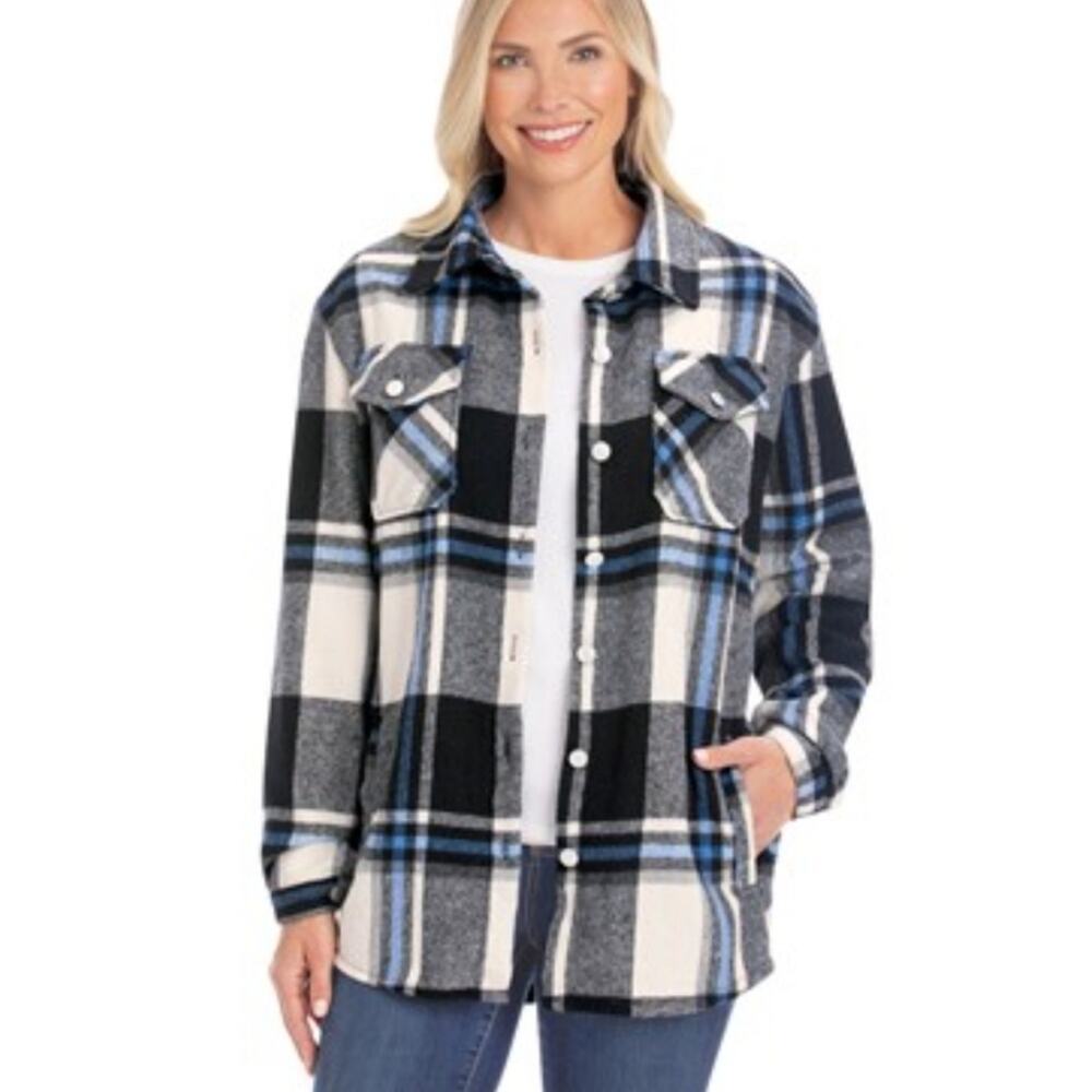 Collections Etc. Flannel Button Front Shacket With Pockets